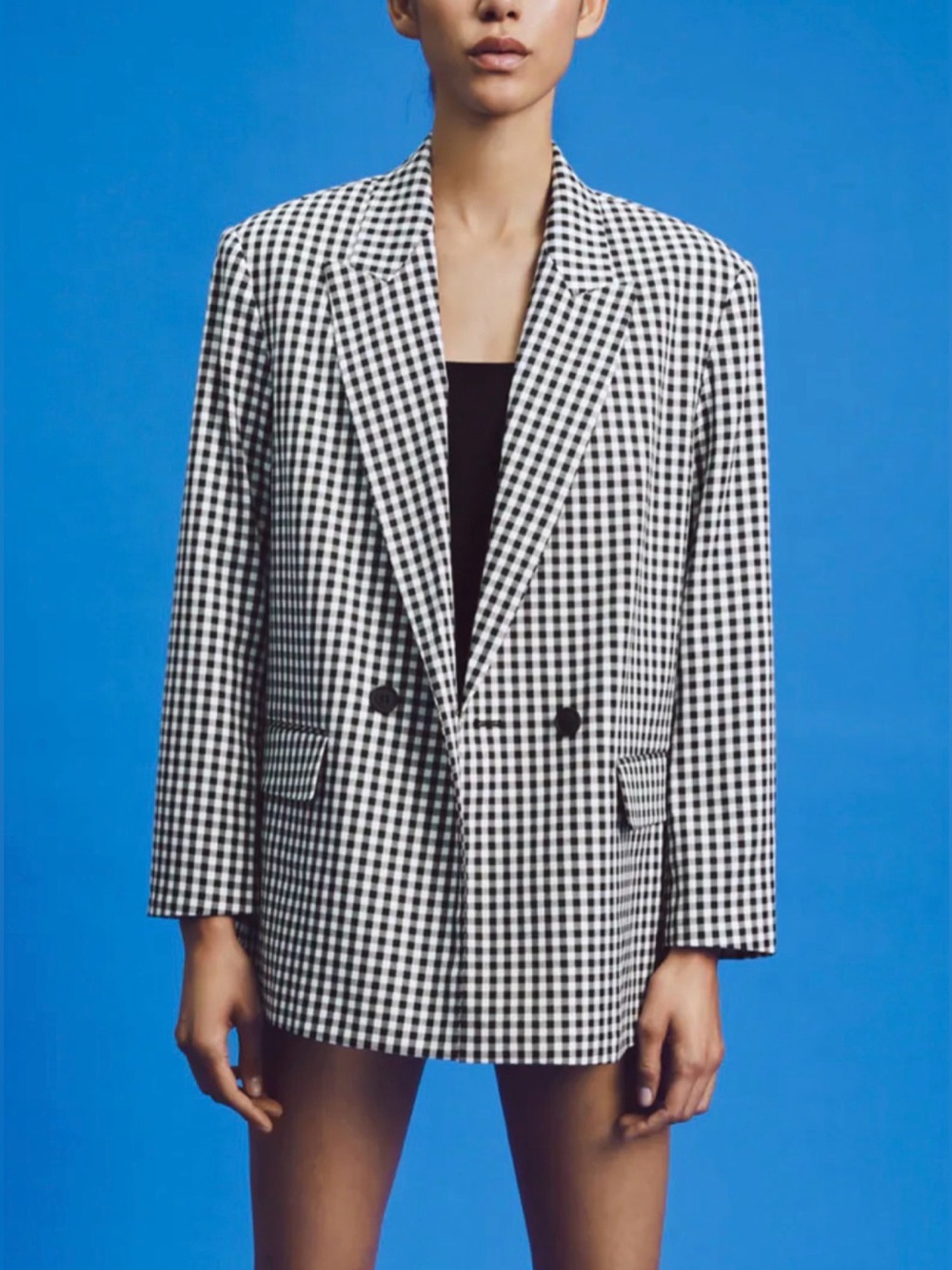 Checked Double-Breasted Oversize Blazer Jacket in Black & White